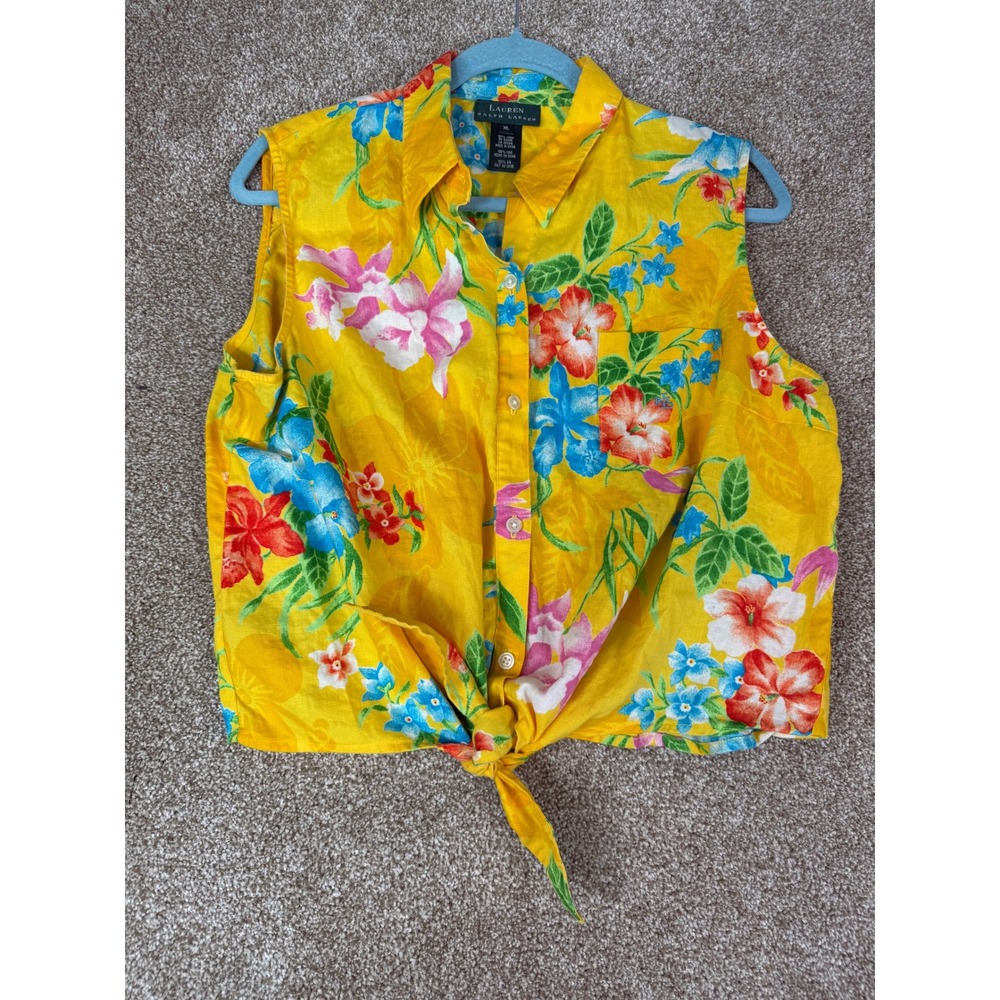 Lauren Ralph Lauren Yellow Linen Tropical Floral Tie Front Sleeveless Top XL - Picture 2 of 11